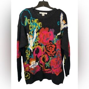 Vintage Paris Smith Colorful Knit Cherub Angel Floral Print Sweater XL